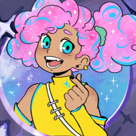 Image of someone with tan skin, curly puffs of pink hair with blue swirls and white stars, tied back with a green scrunchie. He has blue-green eyes, a black and gold ear piercing, and a bright yellow and blue shirt with a high neck and detached sleeves.