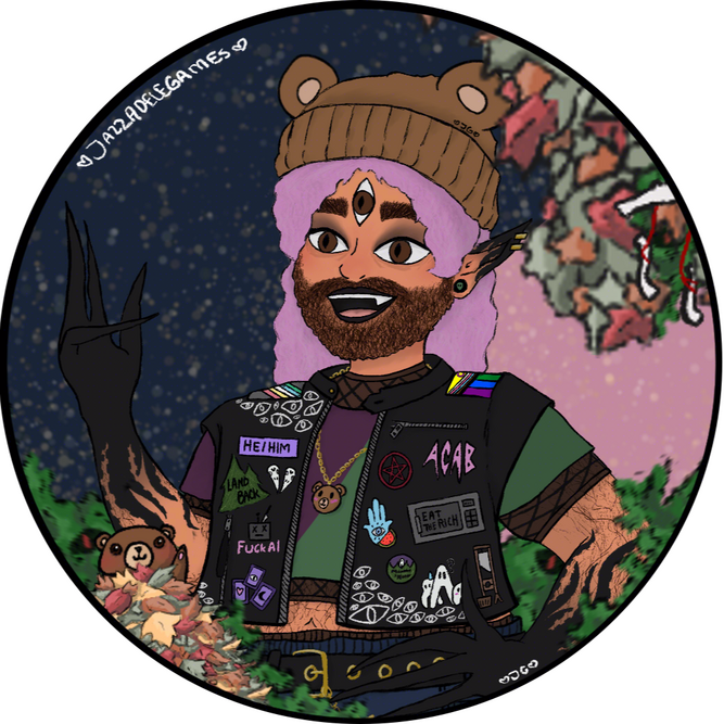 Jazz's PNGtuber. A 26 yo, light skinned brown Arab, fat, bearded transman, with a third eye on his forehead & black tentacle designs up his arm, waving. Wearing a fishnet shirt, a crop top, a punk pleather jacket with social issue badges on it & a bear bea