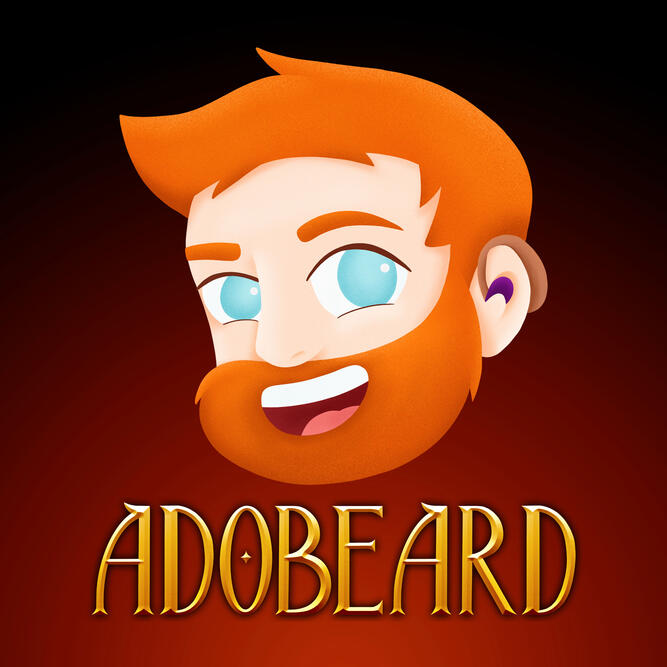An image of someone with pale skin, short red hair that flips up at the forehead, a full beard, light blue eyes, and a brown hearing aid curled behind his left ear. The background is red, and "Adobeard" is written below.