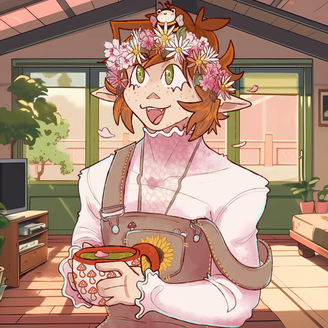 Dreamers' PNGTuber. A drawing of a person with redish brown hair, pointed ears and green eyes. They are wearing a pink shirt and a pair of brown/green overalls with a sunflower on the front pocket. They are holding a cup of green tea. Background is a green