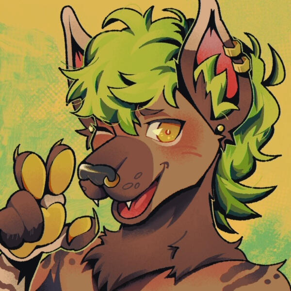 beansprig's fursona. A drawing of a brown wolf with green hair, pierced ears and nose, and yellow eyes. The background is tones of yellow and green. They are posing with a peace sign and winking at the camera.
