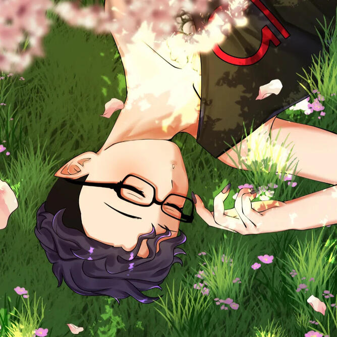 Nyyxveil's illustrated vtuber lying in a bed of grass with glasses, pointed ears, and short dark hair. Their eyes are closed peacefully.